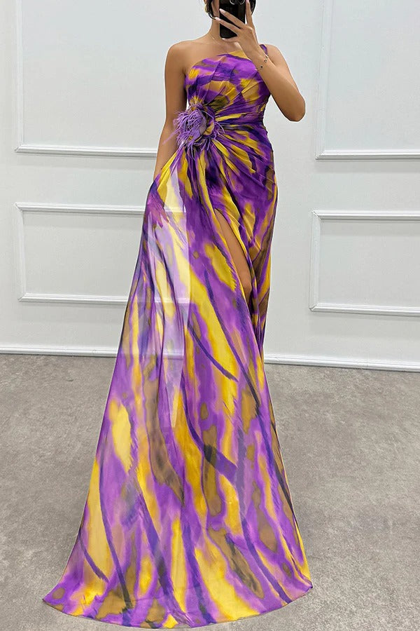 Illyra - Off-Shoulder Slit Printed Maxi Dress