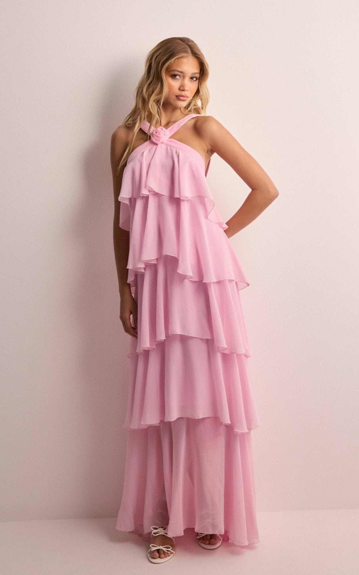 Eryndra - Halterneck Layered Ruffle Maxi Dress