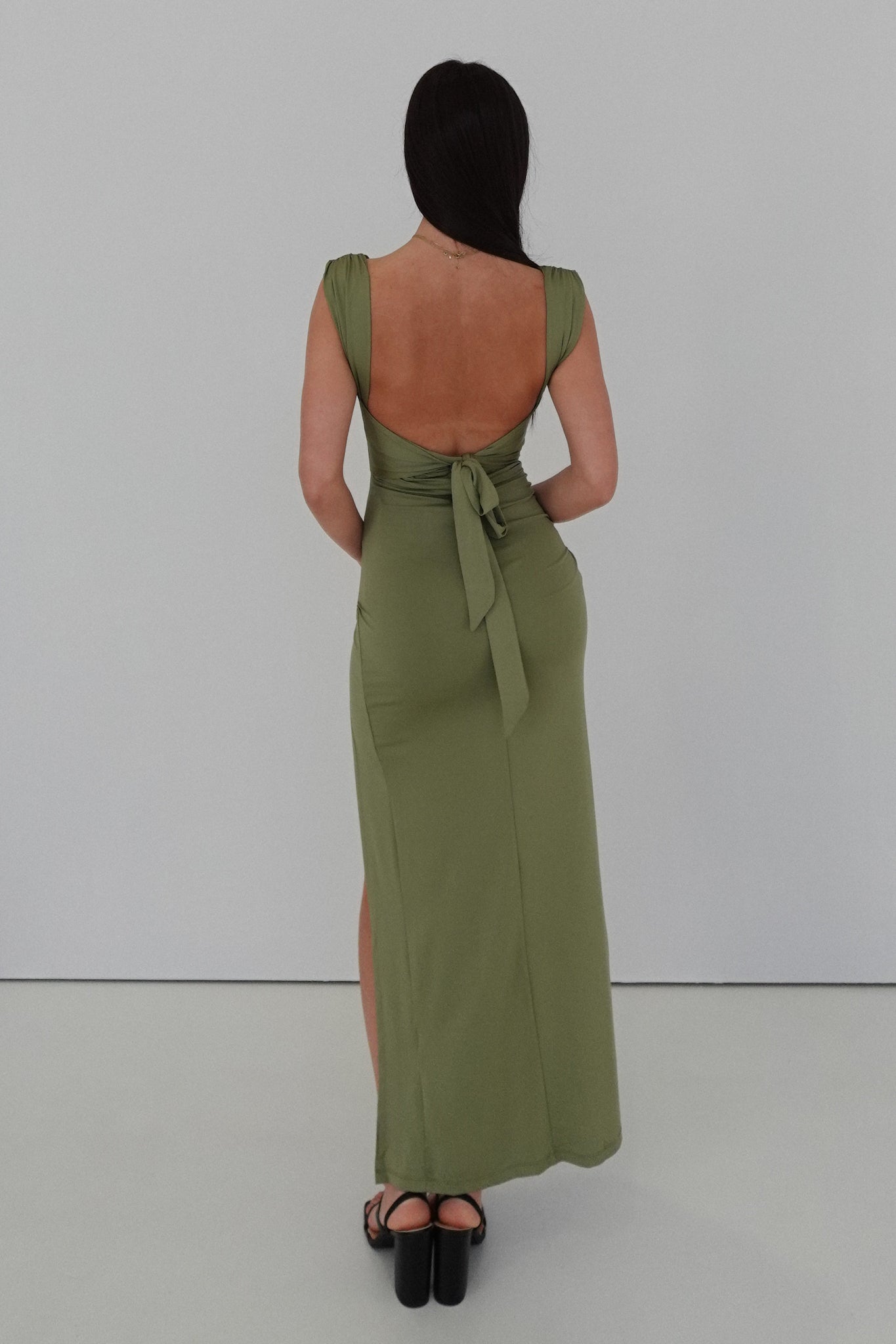 Liraea - Khaki Back-Knot Slit Dress